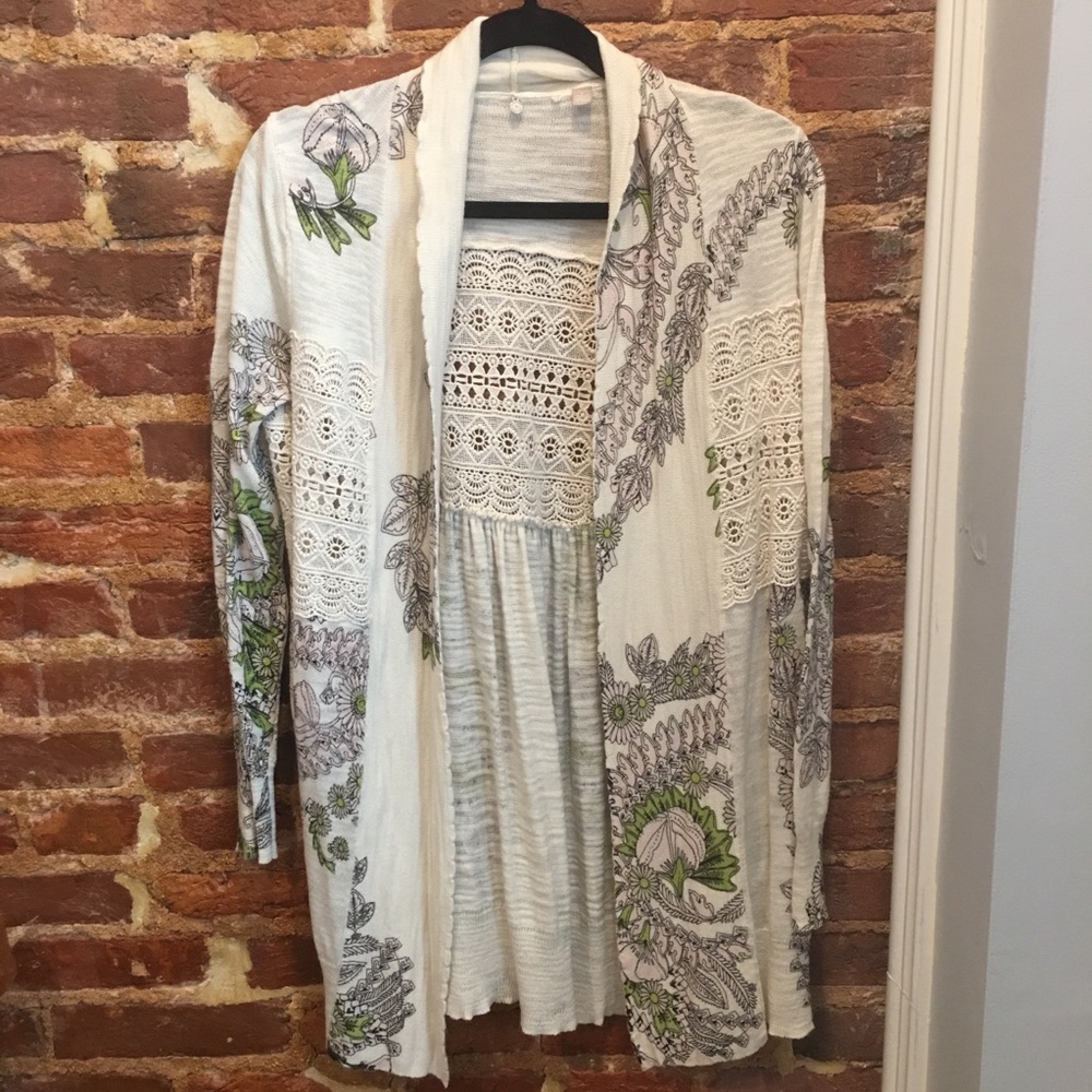 Anthropologie Floral Open Cardigan w/ Embroidery